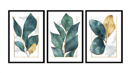 Set of three minimalist wall art posters featuring abstract green and gold leaves