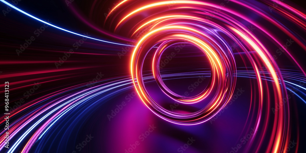 Aufkleber Glowing neon circle surrounded by abstract light trails background