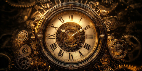 Antique clock face showing time passing with gears