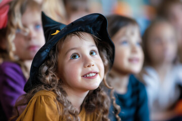 Fototapeta premium Young girl in witch hat at Halloween storytime event