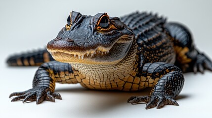 Fototapeta premium Full-body shot of an alligator lying down on a white background, detailed scales