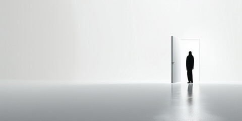 Obraz premium Silhouette of a businessman entering a bright room through an open door