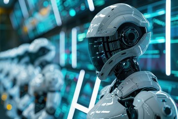 Fototapeta premium A robot is standing in front of a wall of monitors