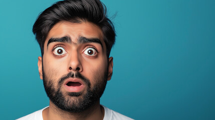 Obraz premium Young man with beard showing astonishment on blue background