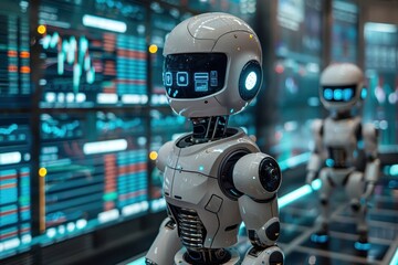 Two robots are standing in front of a computer monitor with a blue background