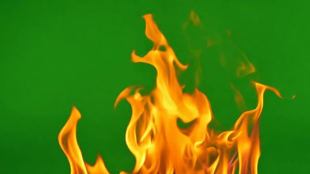 Fiery Passion: A vibrant burst of flames dances against a green screen, capturing the raw energy and intensity of fire. Perfect for visual effects, motion graphics, or adding a fiery touch to your pro