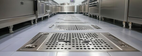 Hygienic floor drains in a commercial kitchen, demonstrating cleanliness and maintenance in food safety management
