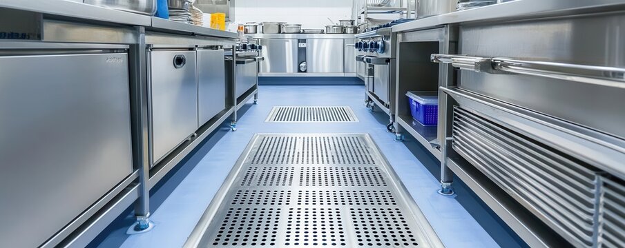 Hygienic floor drains in a commercial kitchen, demonstrating cleanliness and maintenance in food safety management