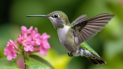 Obraz premium Hummingbird feeding with its long beak on a white background