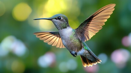 Fototapeta premium Hummingbird in profile with wings spread on a white background