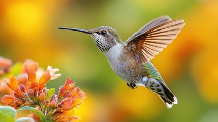 Fototapeta premium Hummingbird in profile with wings spread on a white background