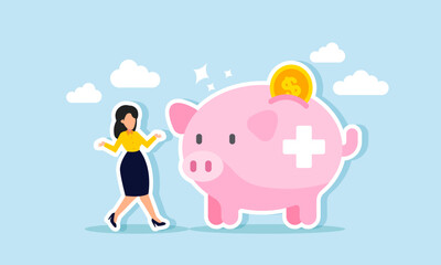 A businesswoman enjoying and happy next to a piggy bank with a plus sign or health symbol, illustration of Someone feeling secure and comfortable due to having health insurance