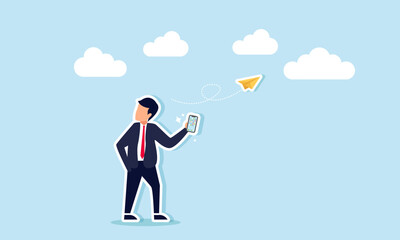 A businessman holding a phone, sending a message in the form of a paper airplane, illustration of A businessman sending a message to a business partner or client to negotiate a project