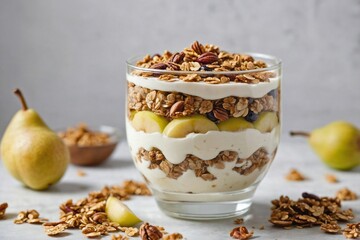 Pear Yogurt Parfait: Overhead view of a yogurt parfait layered with pear slices and granola in a clear glass