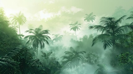 Mysterious Jungle Landscape with Hazy Sunlight and Lush Foliage
