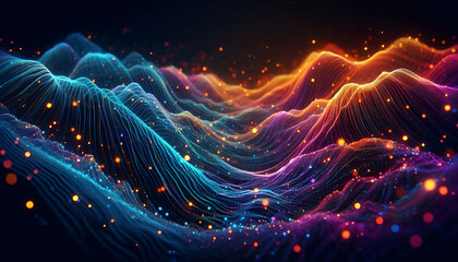 Naklejka premium Abstract digital illustration featuring flowing waves of vibrant colors orange blue and purple against a dark background. The waves are composed of small glowing particles