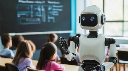 Robot Teacher Leading a Classroom Lesson, Demonstrating Advanced Technology and Innovative Education Methods. Perfect for Illustrating Modern Teaching Tools and Robotics in Education