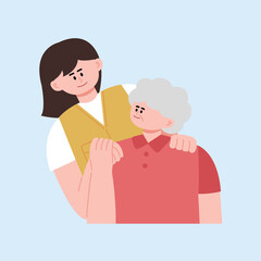 an old man and a volunteer looking at each other