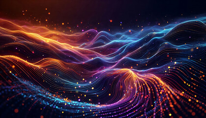 Fototapeta premium Abstract digital illustration featuring flowing waves of vibrant colors orange blue and purple against a dark background. The waves are composed of small glowing particles