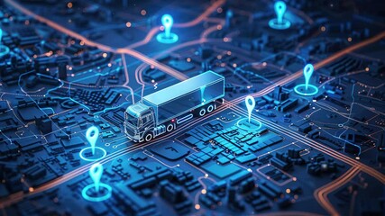 GPS tracking and moving truck with container on a map. Distribution and delivery concept
