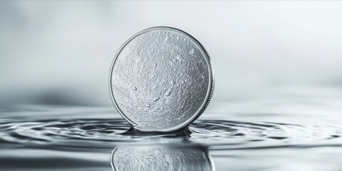 Silver Coin Standing Upright Creating Ripples on Water Surface