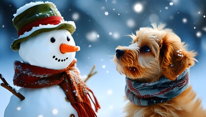 Adorable dog in a scarf admiring cheerful snowman in a winter wonderland