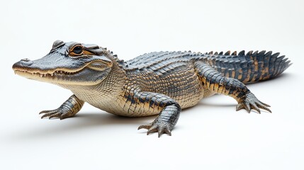 Fototapeta premium Majestic Nile crocodile basking on a white background, full-body view