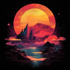 A vibrant, surreal landscape featuring mountains and a large sun, evoking a dreamlike atmosphere.