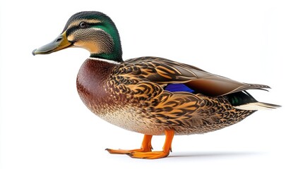 Obraz premium Mallard duck with distinctive green head and bright colors on a white background
