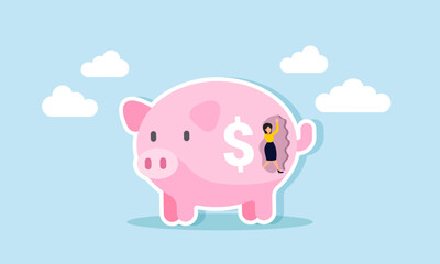 A businesswoman breaking through the wall of her piggy bank, illustration of Someone freedom to invest in various models, from low risk to high risk options