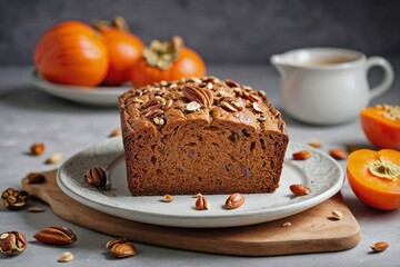 Persimmon Bread: A single slice of persimmon bread placed on a white plate, with visible bits of nuts and a light glaze on top.