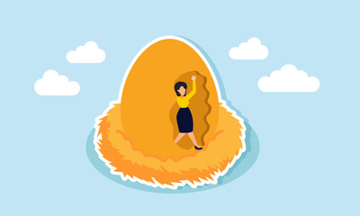 A businesswoman breaking through the wall of her golden egg, illustration of Someone freedom to live after their investments yield results