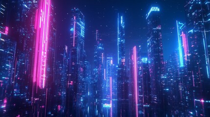 Fototapeta premium A vibrant cyberpunk cityscape illuminated by neon lights at night, showcasing towering skyscrapers and a futuristic atmosphere