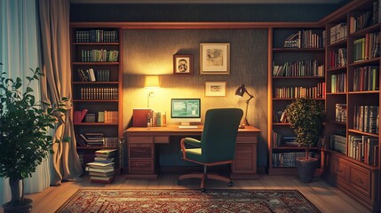 A cozy home office featuring wooden bookshelves, a desk, soft lighting, and an inviting atmosphere, ideal for working and reading in a warm, library-like setting.