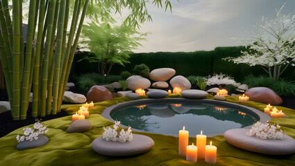 A peaceful, meditation garden with a variety of calming, natural elements