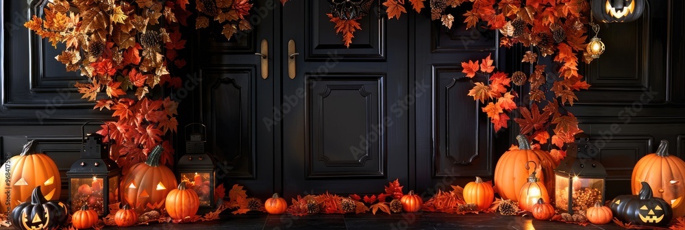 Poster Halloween Themed Entryway Featuring Pumpkin Lantern and Fall Leaves Arrangement with Orange and Black Decorations for Festive Gatherings