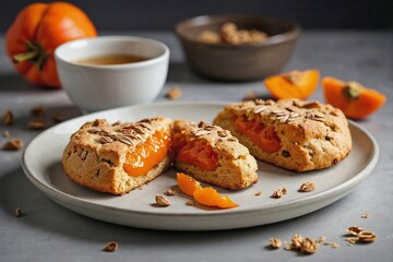 Fototapeta premium Persimmon Scones: Persimmon scones placed on a simple white plate, with one scone slightly broken open to reveal the soft interior.