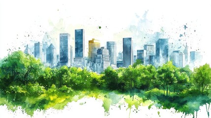 Obraz premium Fresh air in a watercolor green city, air pollution solutions, preserving the environment, vibrant green spaces, eco-conscious design, clean cityscape, Midjourney