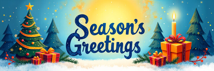 Festive greeting card with the text Season's Greetings, featuring Christmas trees on either side and a glowing sun in the background.