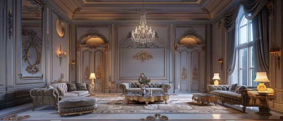 Fototapeta premium Opulent Living Room with Intricate Gold Accents and Luxurious Furnishings