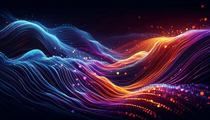 Abstract digital illustration featuring flowing waves of vibrant colors orange blue and purple against a dark background. The waves are composed of small glowing particles