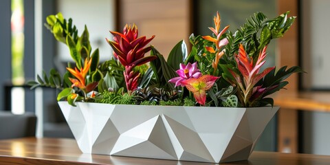 Modern geometric planter with an exotic floral display
