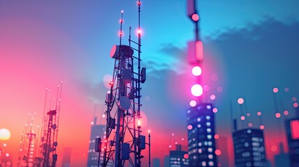 Cityscape at Dusk with Illuminated Communication Towers