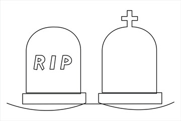 Gravestone R.I.P continuous one line art drawing of Halloween, grave, cemetery, death, memorial day


