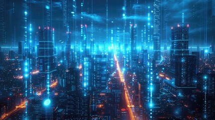 Fototapeta premium Cyberpunk Cityscape: Neon Lights and Digital Grids