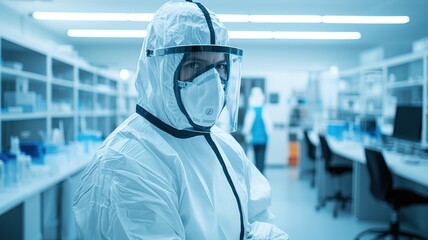 A scientist in a protective suit works in a laboratory filled with equipment, showcasing safety and research in action.