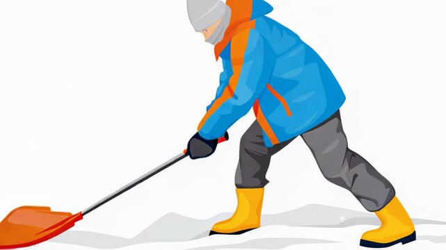 Person in blue jacket and yellow boots shoveling snow. Gray pants and white hat complete the winter outfit. Orange shovel contrasts against blue background. 