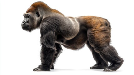 Fototapeta premium Powerful gorilla standing in profile on a white background, muscular build