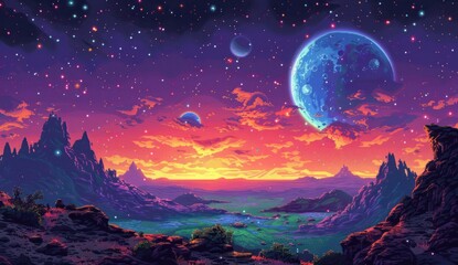 Fantasy Landscape with a Giant Moon and Stars