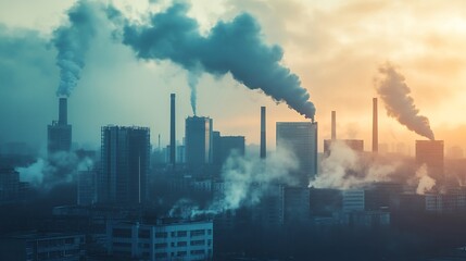 Industrial city skyline with smoke stacks and fog.